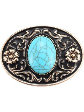Unisex Blue  Western Flower Engraved Turquoise Belt Buckle Gift